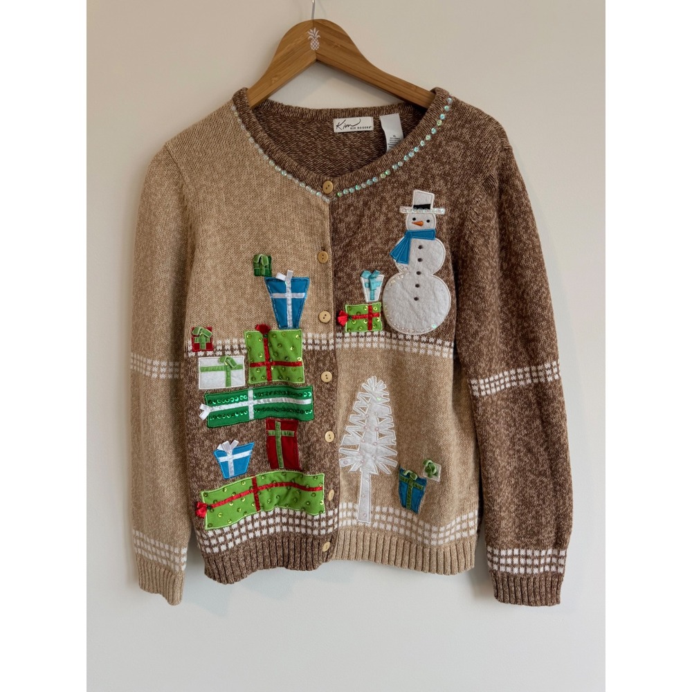 Kim Rogers Women Embroidered Snowman Cardigan XL Brown Christmas Sweater Holiday